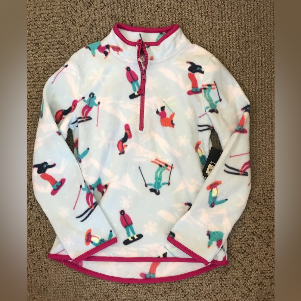 Kids Ski Print Fleece Pullover with Pink Trim